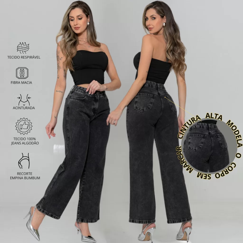 Calça Jeans Feminina Wide Leg Marmorizada Grafite Cintura Alta 100% Algodão Premium Premium Perna La