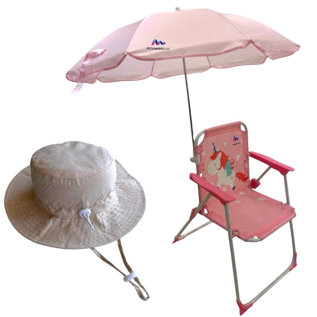 Kit Cadeira de Praia c/ Guarda Sol + Chapéu Infantil com UPF50 Unicórnio