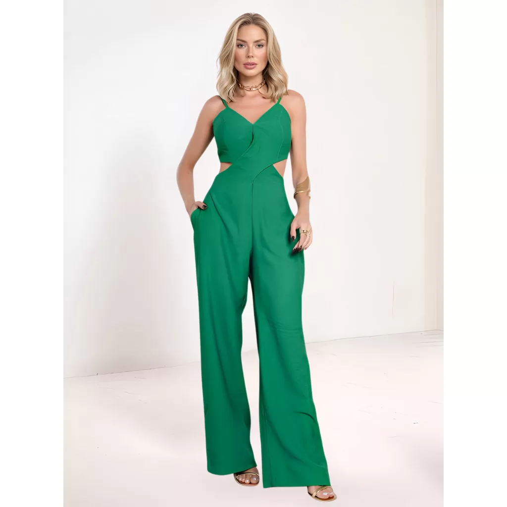 Macacão Feminino Longo Alfaiataria Recortes Laterais Bojo Pantalona Classico