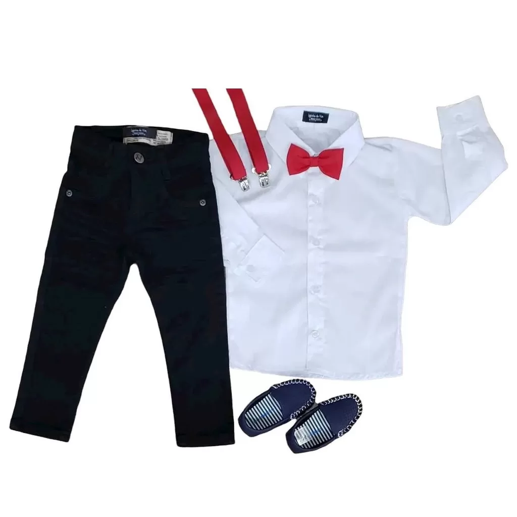 Calça Preta e Camisa com Gravata e Suspensório Vermelho Infantil
