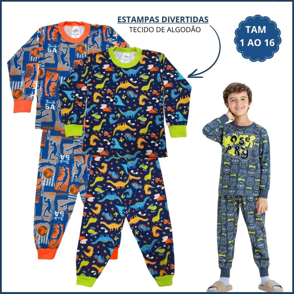 Kit 4 Peças Pijama Infantil Menino Inverno 2 Camiseta Manga e 2 Calça Bebê ao Juvenil Cotton 1 ao 16