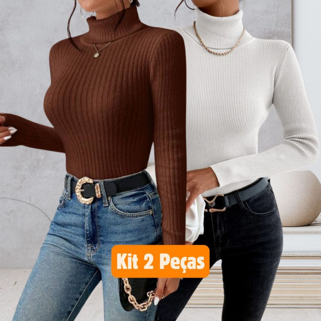 KIt 2 Blusas Feminina Cacharrel Tricot Básica Suéter Tricot Gola Alta Manga Longa