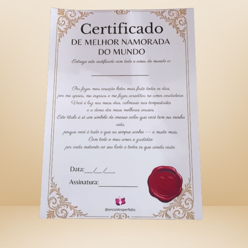Certificado de Melhor Namorada (o) do mundo – Presente Romântico e Personalizado