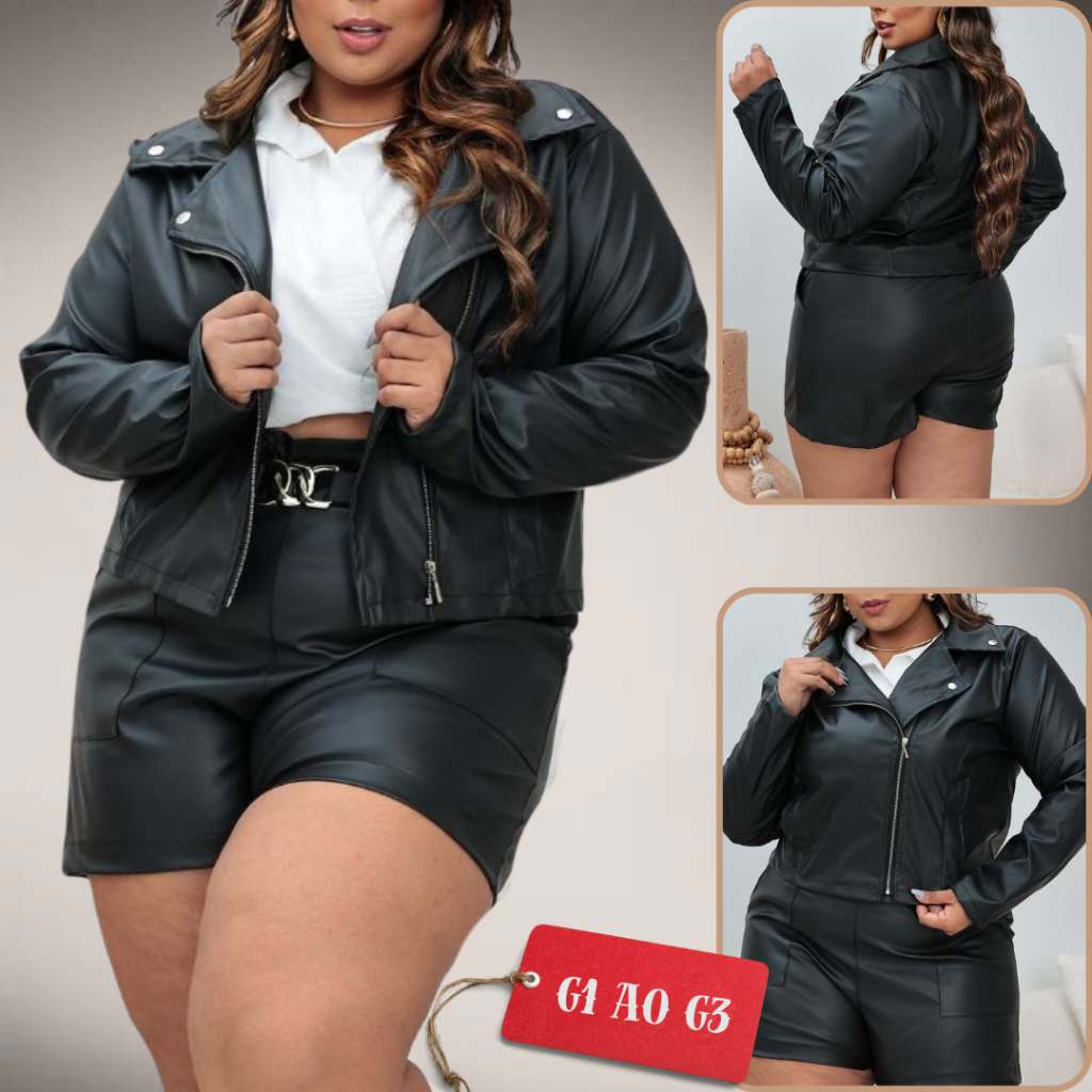 Jaqueta De Couro Sintético Feminina Couro Fake Curve Plus Size