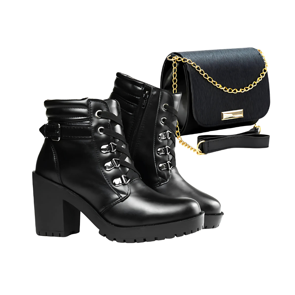 Bota Coturno Feminina Cano Baixo Salto Alto Tratorado Com Zíper + Bolsa Delicada e Elegante