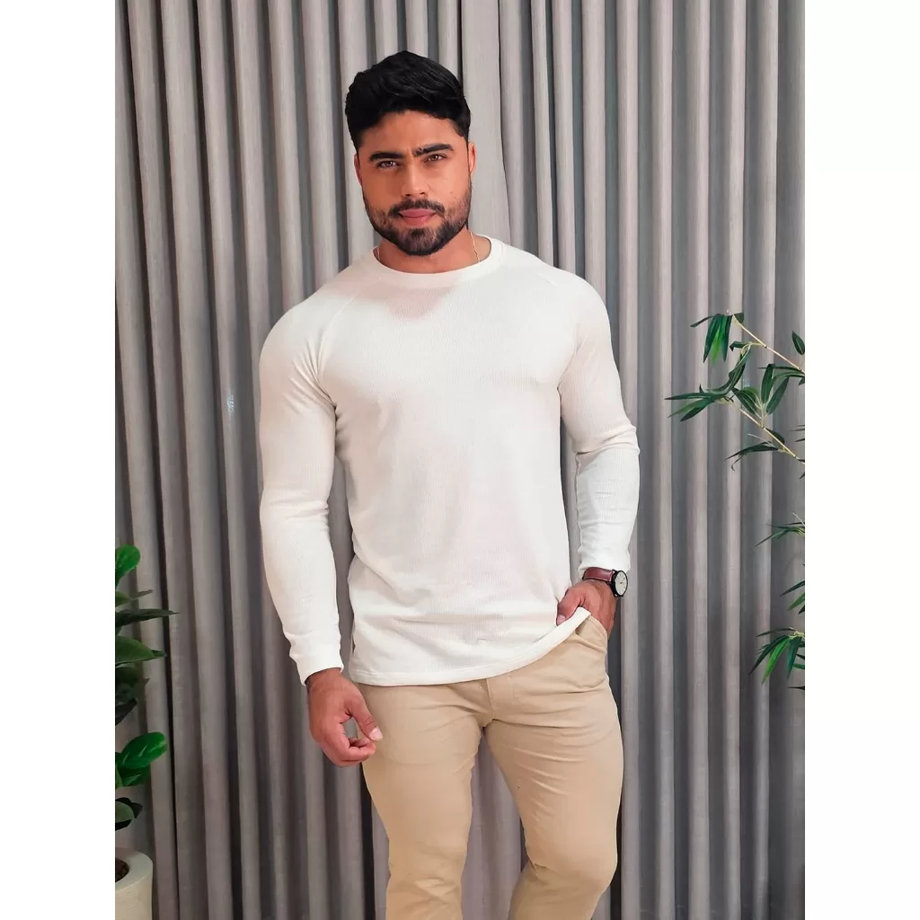 Blusa de Frio Masculina Manga Comprida Raglan Homem Outono Inverno Ribana Canelada
