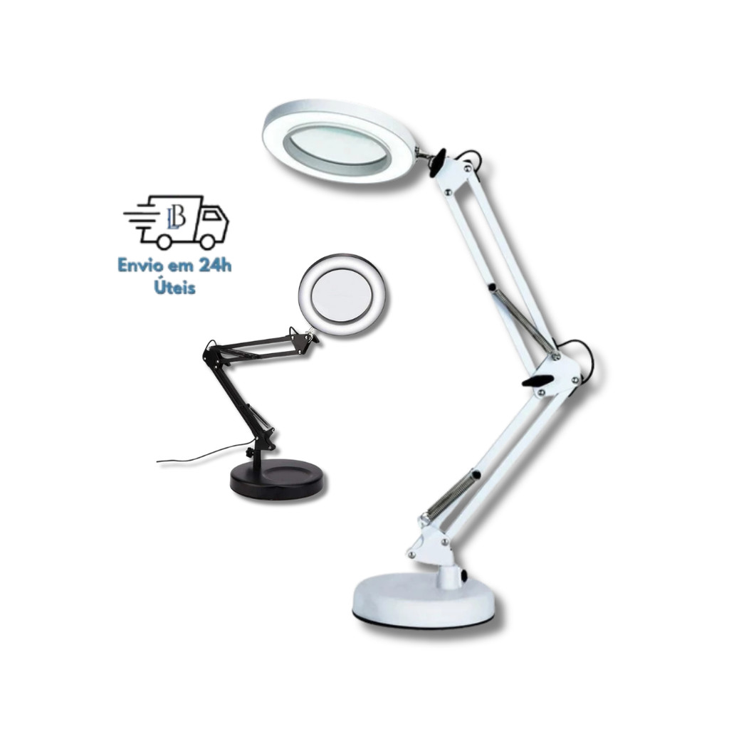 Lupa de Mesa com Iluminação LED 8X  64 Leds, 3 Cores de Luz e Braço Articulado