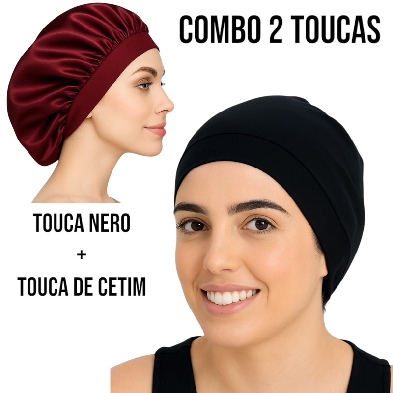 Kit Touca Nero + Touca de Cetim Lisa com Faixa  Anti Frizz, Para Dormir, Proteger e Alisar Cabelos