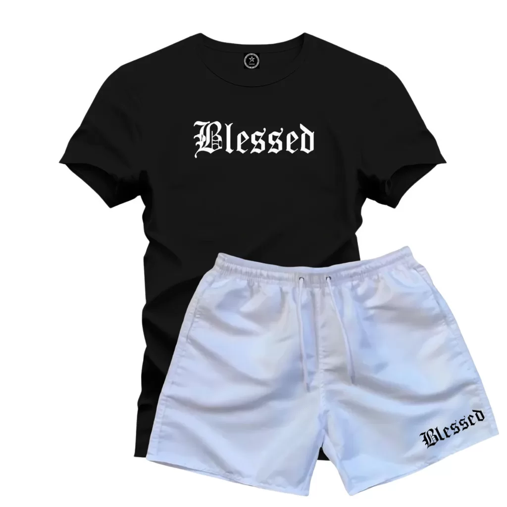 Conjunto Camiseta Blessed Algodão + Short Branco Tactel Masculino Dia a Dia Leve