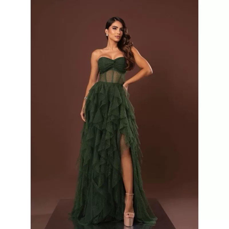vestido de festa longo madrinha formatura casamento convidada debutante elegante tule verde oliva br