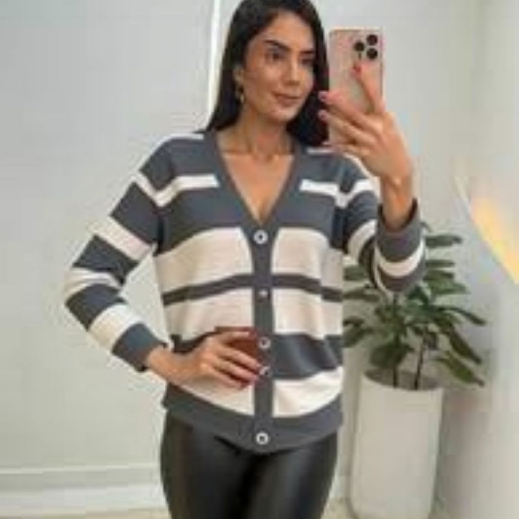 Casaquinho Tricô Listrado Flash Strech Feminino  Inverno  Botões  Estilo Casual Confortável Fashion