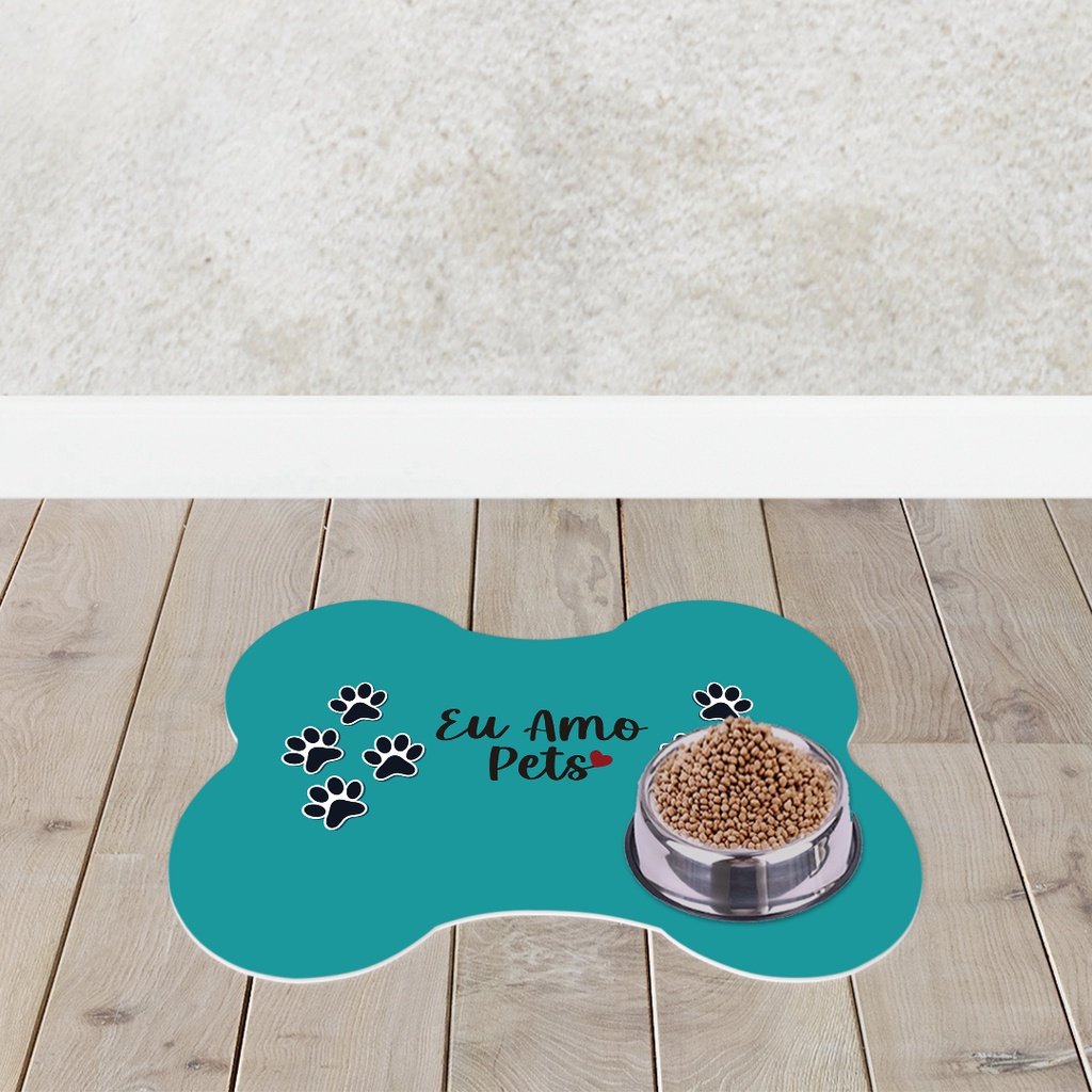 Tapete Pet Osso Comedouro para Gato e Cachorro Eu Amo Pets Verde Antiderrapante Dcorô