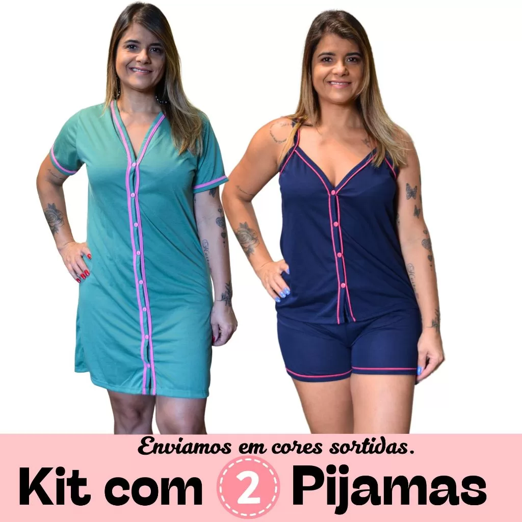 Kit com 2 Camisolas Gestante Amamentação Pós Parto ou Cirurgica com Botões em Malha cores sortidas