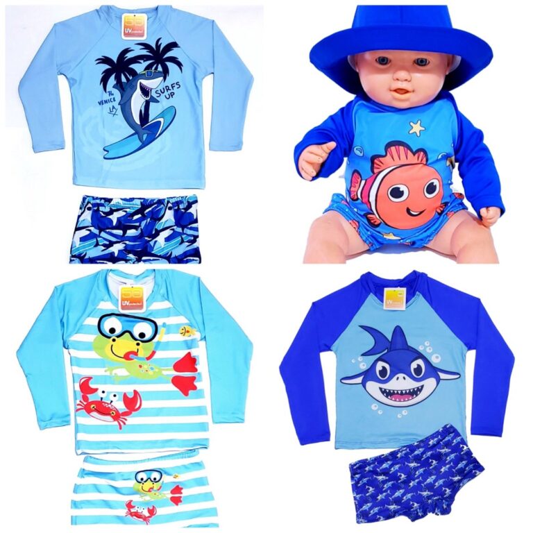 Conjunto Bebe menino proteção UV 50+ camiseta e 