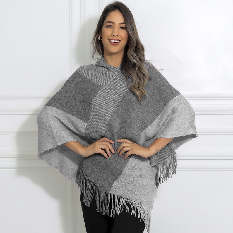 Poncho Xale Feminino Com Touca Diversas Cores Tricô Crochê Elegante Quentinho Sueter Moda Inverno