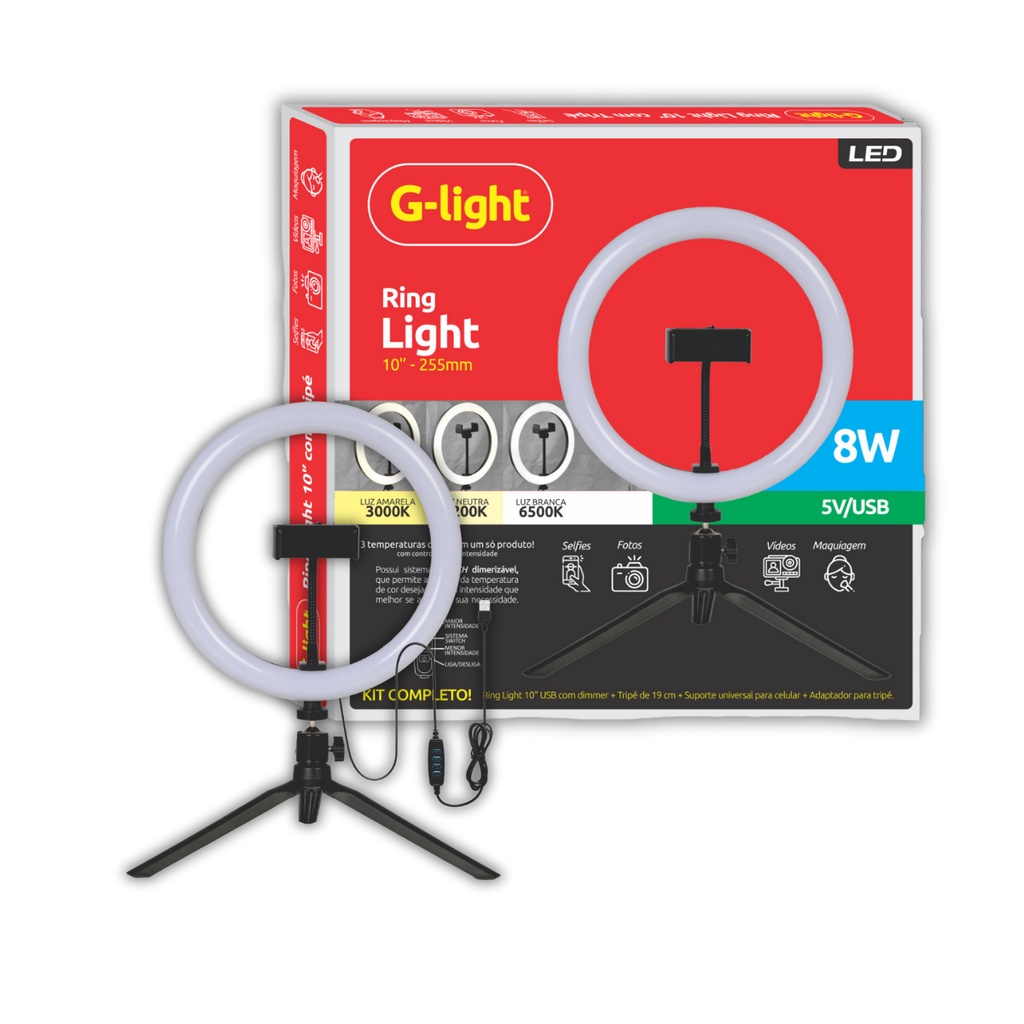 Ring Light Bastão de Led C/ Tripé 8w 19cm Profissional C/Suporte Para Foto Celular 3000K 4200K 6500K