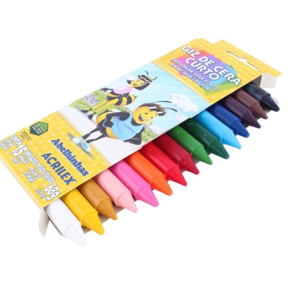 Giz de Cera 15 cores curto toquinho Acrilex material escolar crianças desenho colorir volta aulas