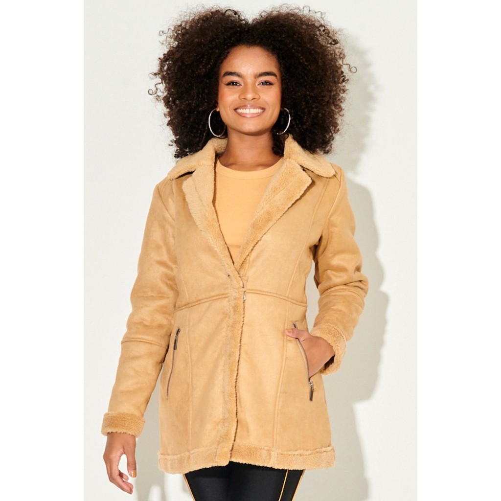 Sobretudo Feminino Suede Planet Girls Bege Médio