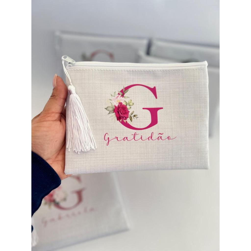 Kit 20 Necessaire Slim 14x18cm personalizada Para Casamento Madrinha Letra nome Floral