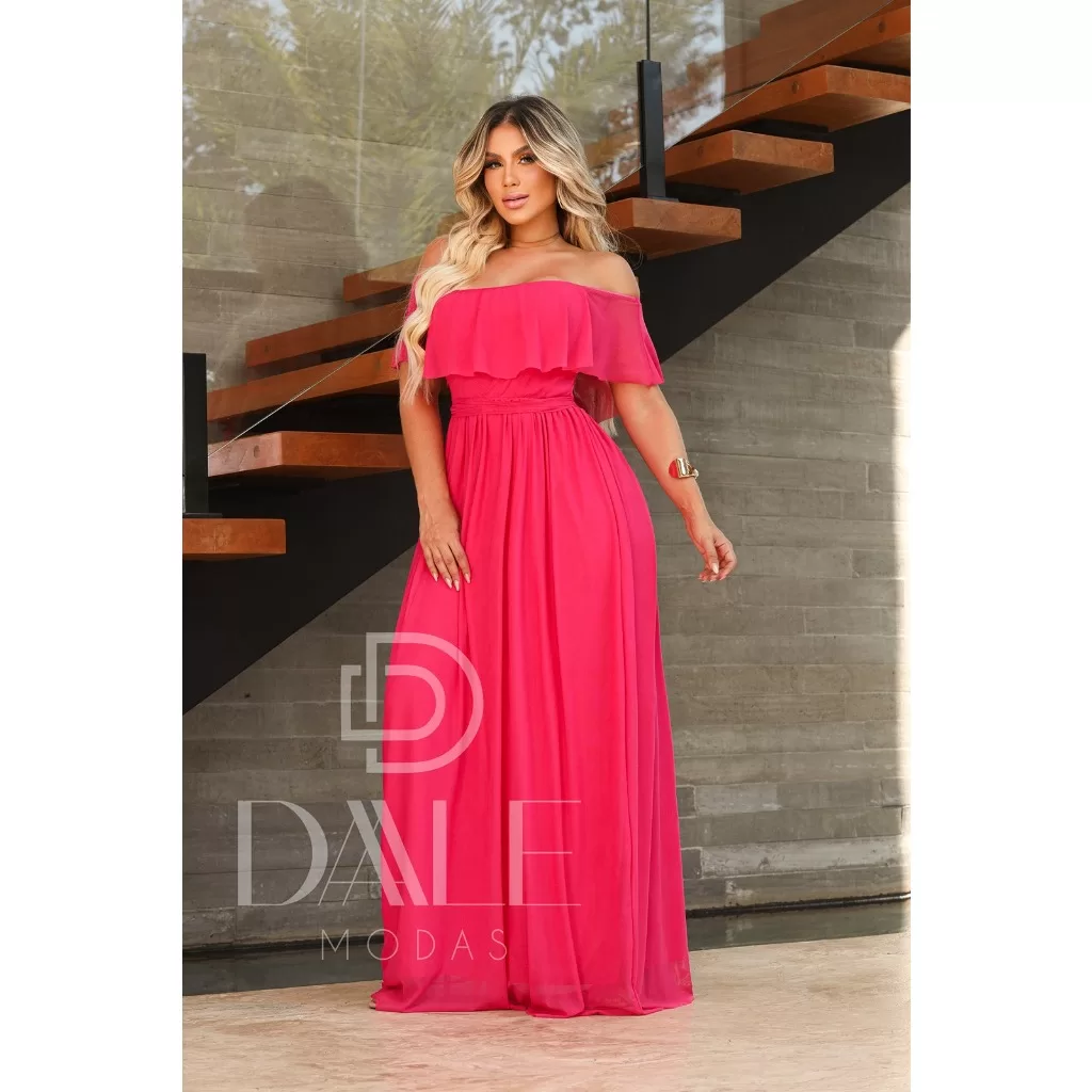 vestido luxo longo feminino ombro a ombro com detalhe de babado na manga