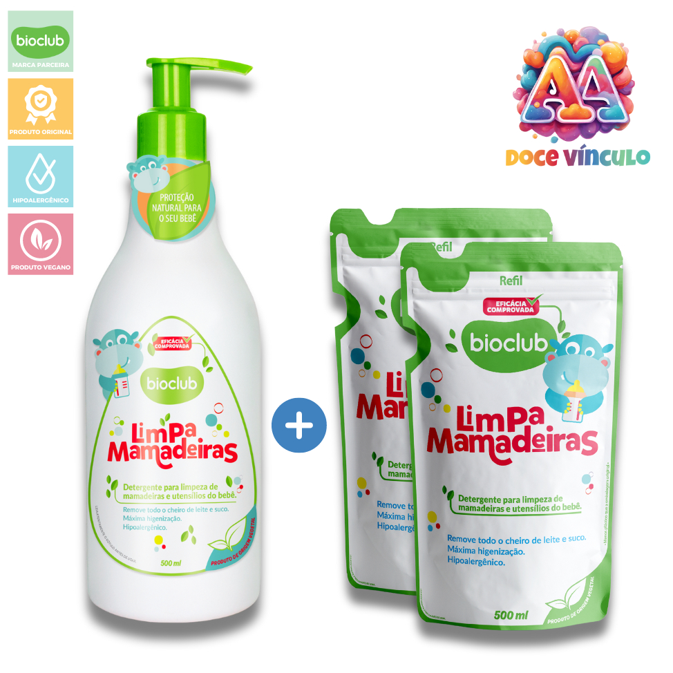 Kit Detergente + 2 Refis Limpa Mamadeiras Vegano Elimina Odores 500ml Bioclub
