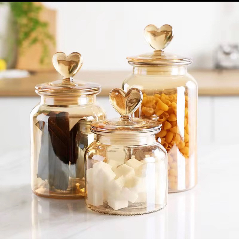 Pote Vidro Âmbar Hermético Decor Afeto Coração