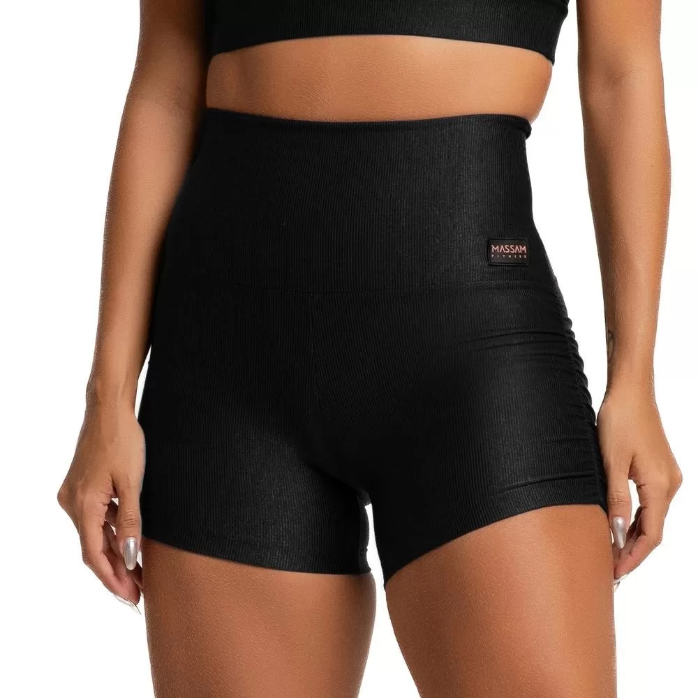 Short Feminino Cintura Alta Poliamida Canelado Preto Massam Fitness