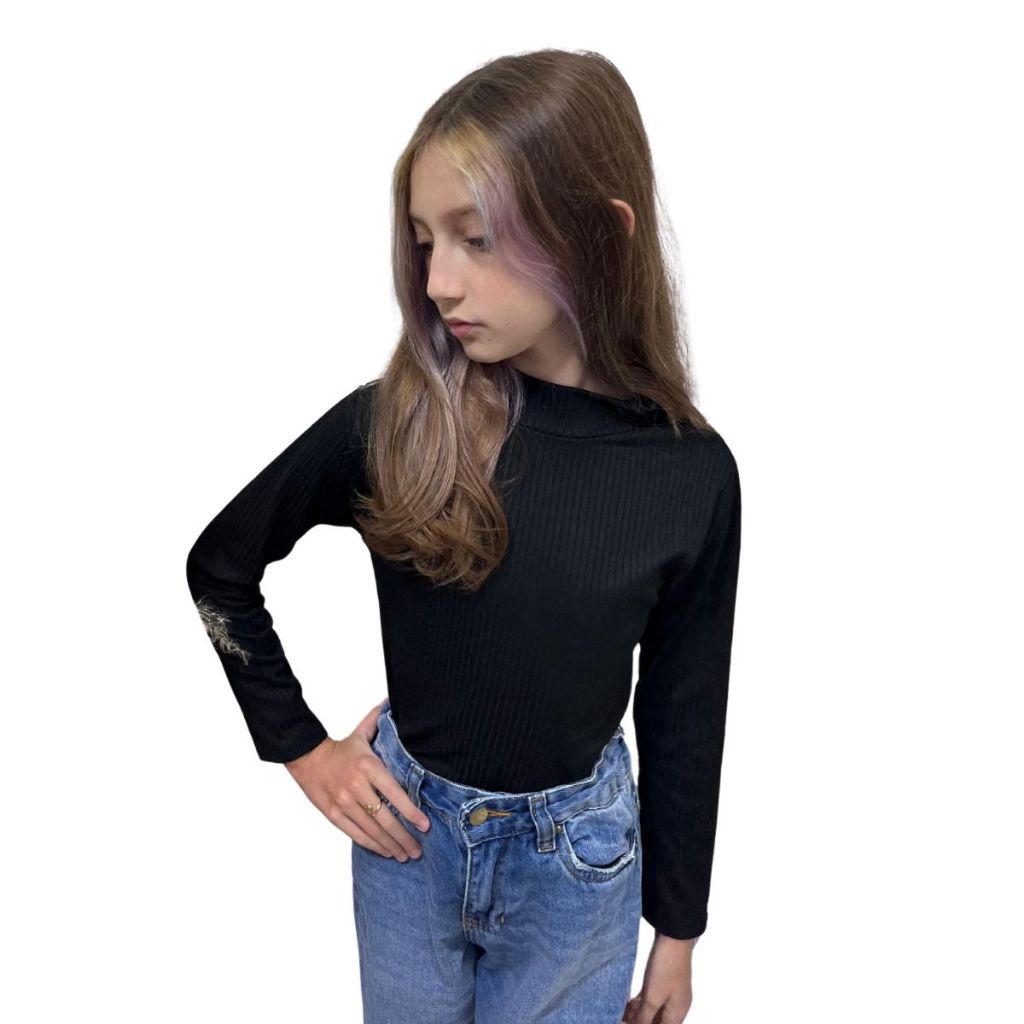 Blusa Cacharrel Gola Alta Manga Longa Infantil Canelado Basico Inverno Blogueirinha