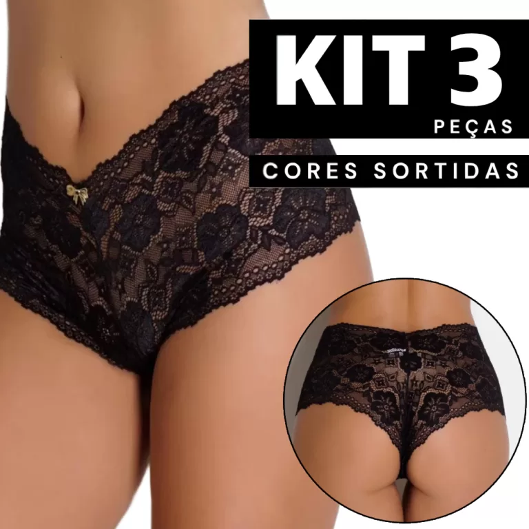 Kit 3/2/1 Calcinha Em Renda Shortinho Feminino Ren