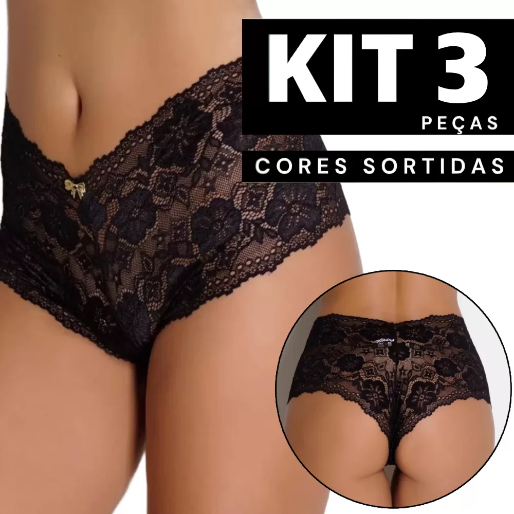 Kit 1 à 3 Calcinha Em Renda Shortinho Feminino Rendado Com Pala Confortável Sexy Bicolor Barata
