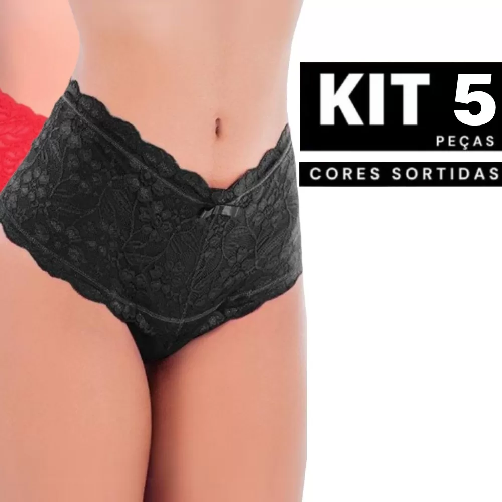 Kit 1 à 5 Calcinha Cintura Alta em Renda com Cós Alto Confortável