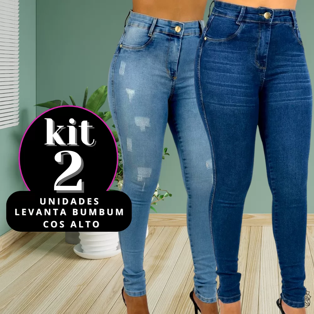 Kit 2 Calças Jeans Skinny Bigode e Clara Puido com USD Elastano Cintura Alta Efeito Levanta Bumbum
