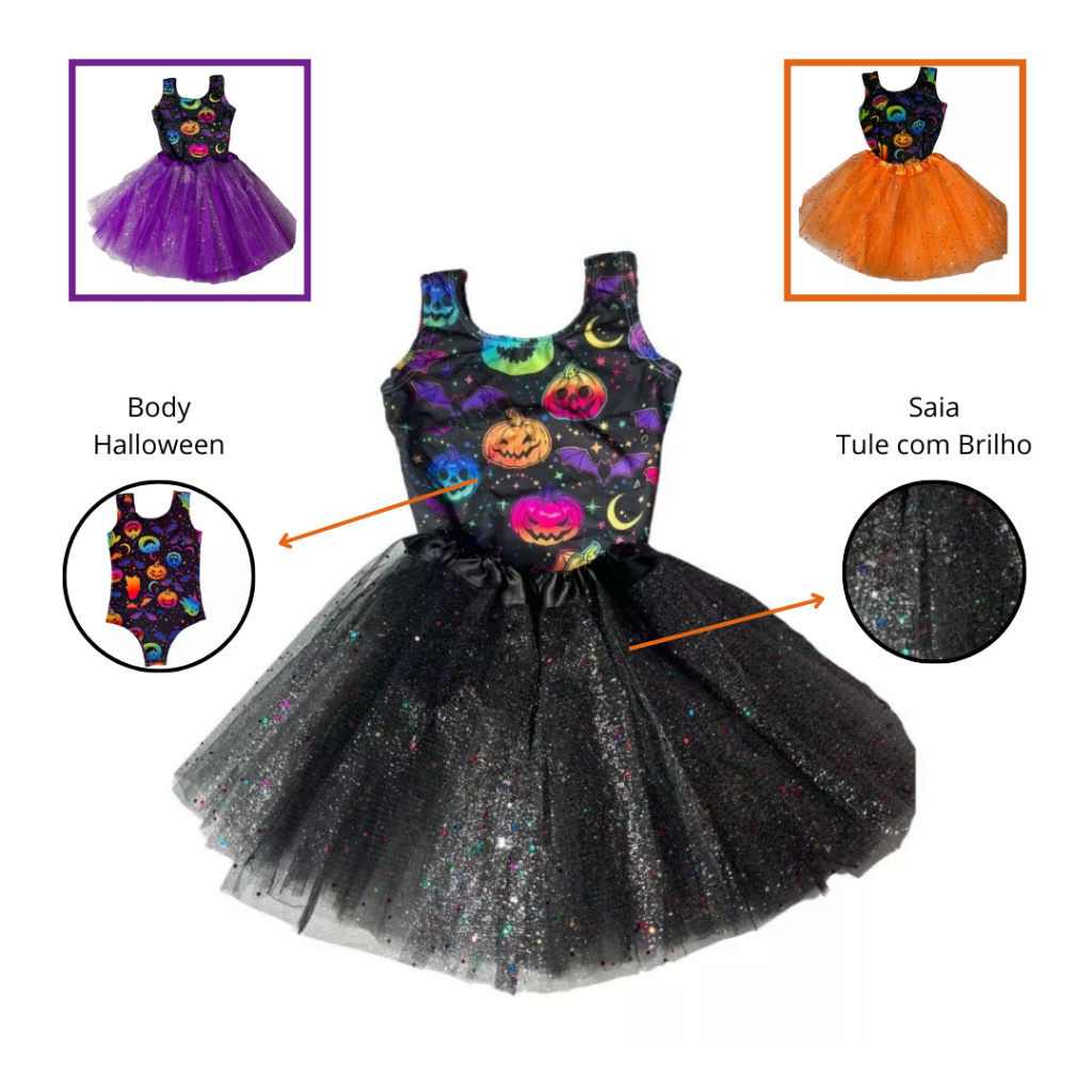 Fantasia Body + Saia Tule Com Glitter Carnaval Abóbora Infantil Festa Dia Das Bruxas