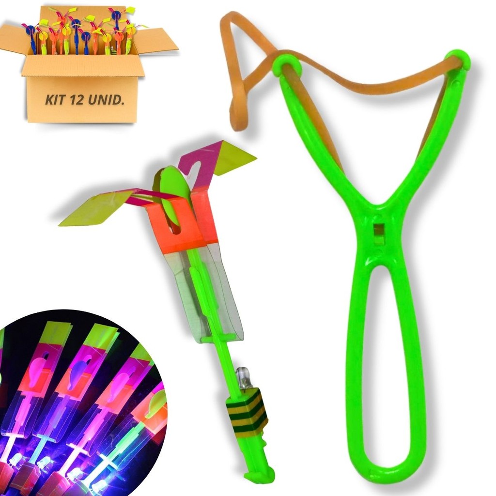 Estilingue Com Luz De Led Kit 12 Voador Brinquedo Lançador
