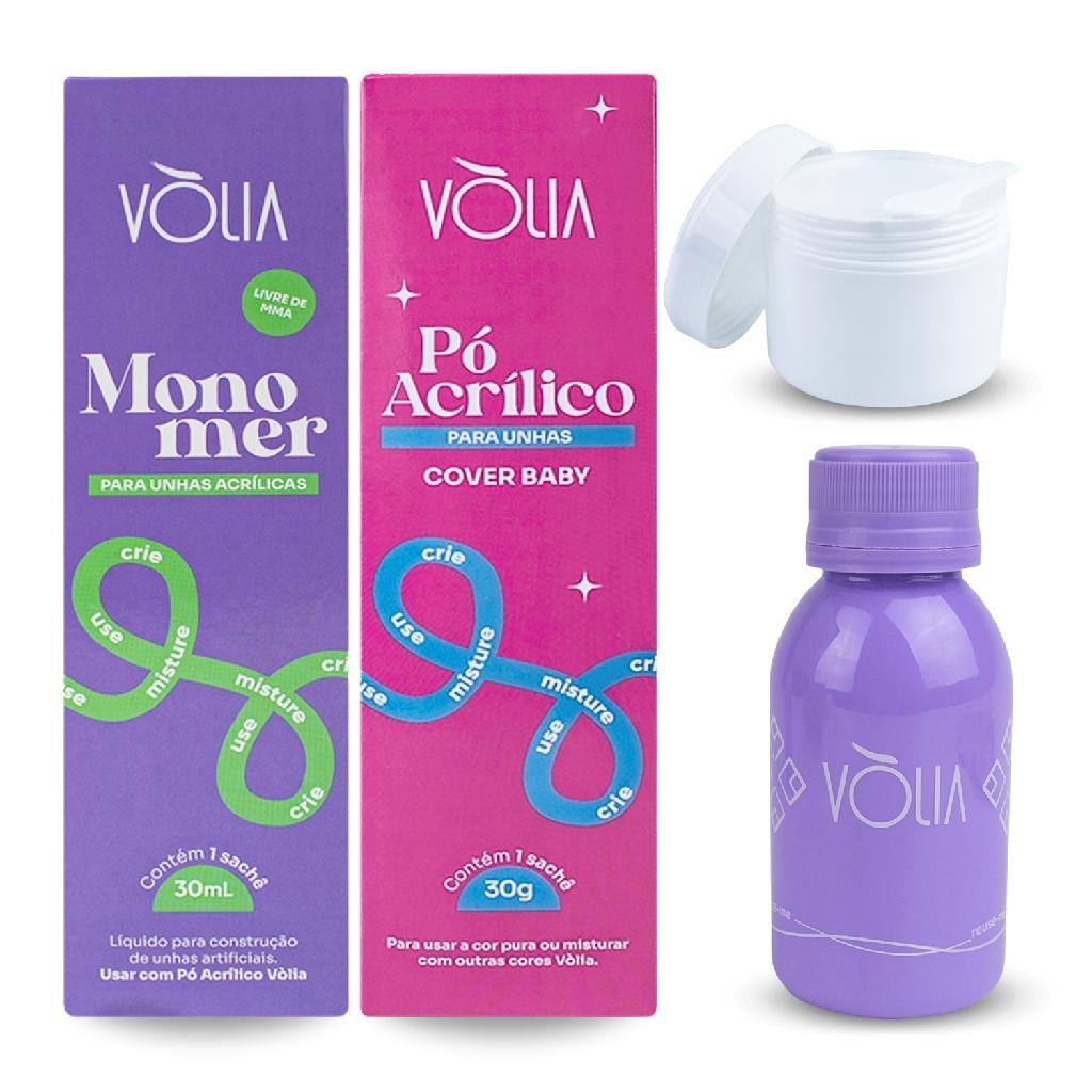 Kit Monomer 30ml + Pó Cover Baby Vòlia + Pote Gel + Frasco Manicure Unhas Gel Nail Art Nail Designer