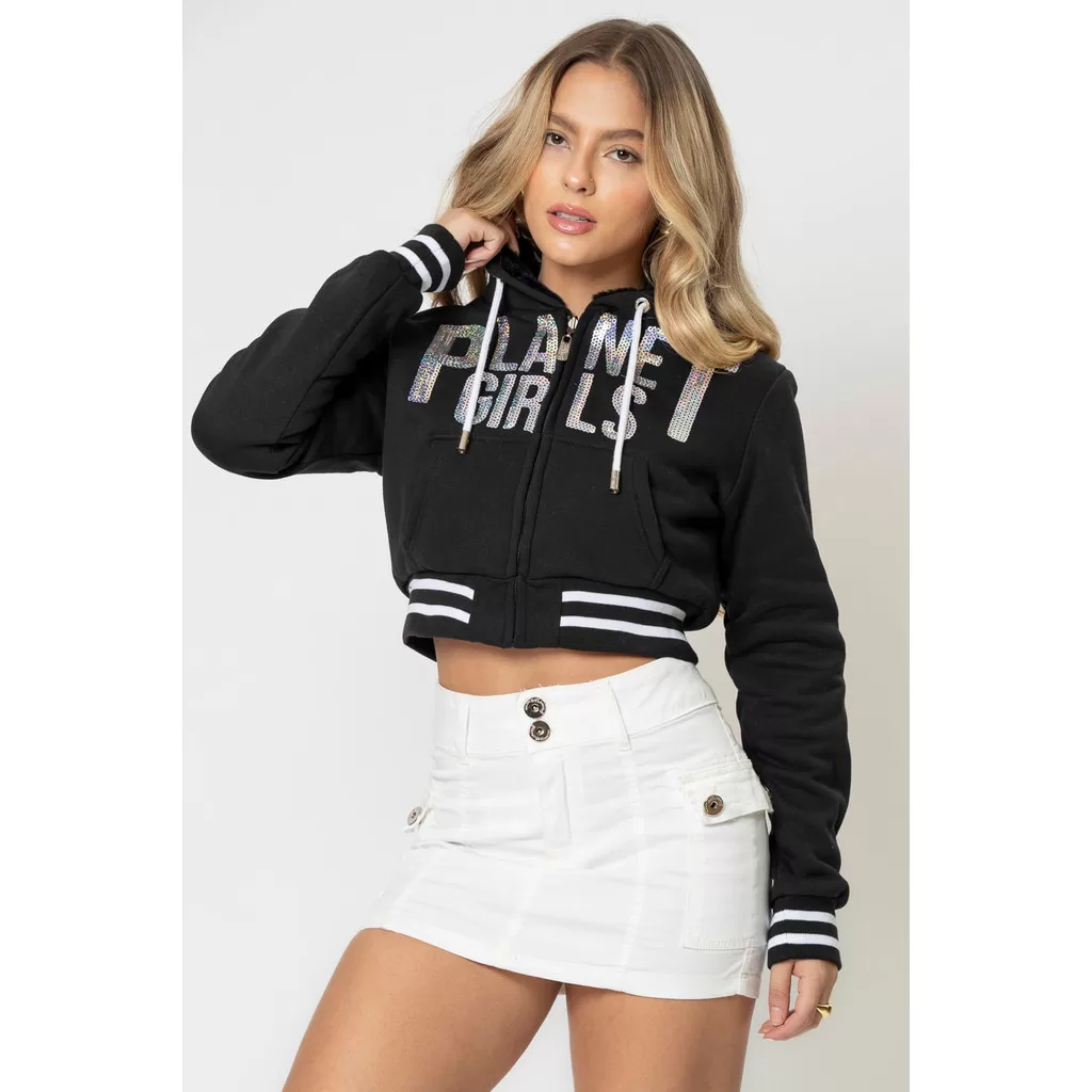 Moletom Cropped Dupla Face Com Relevo Planet Girls Preto