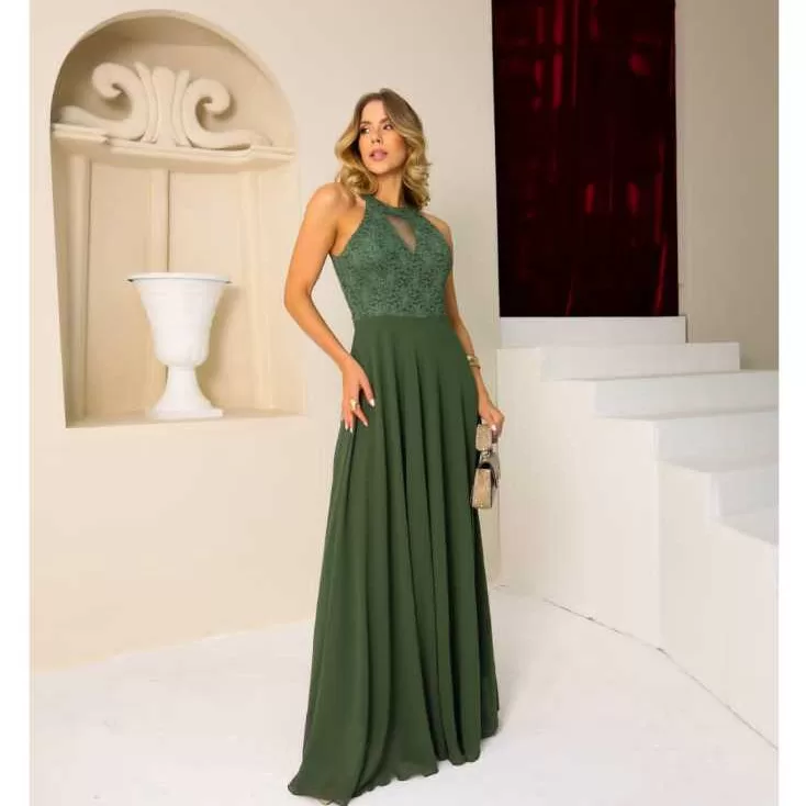 Vestido Longo De Festa Com Tule No Decote Regata P