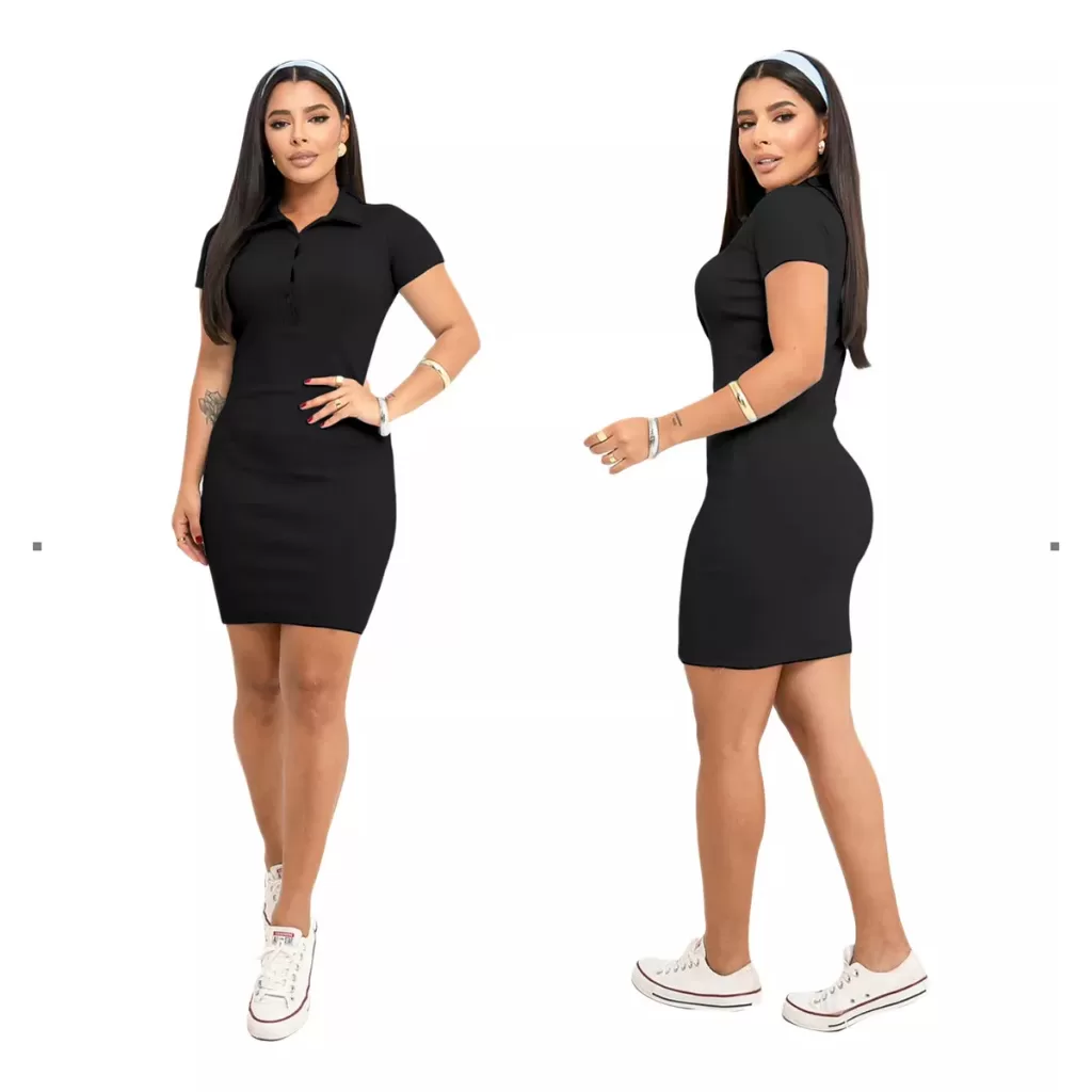 Vestido Curto Manga Curta Gola Polo Colegial Moda Casual