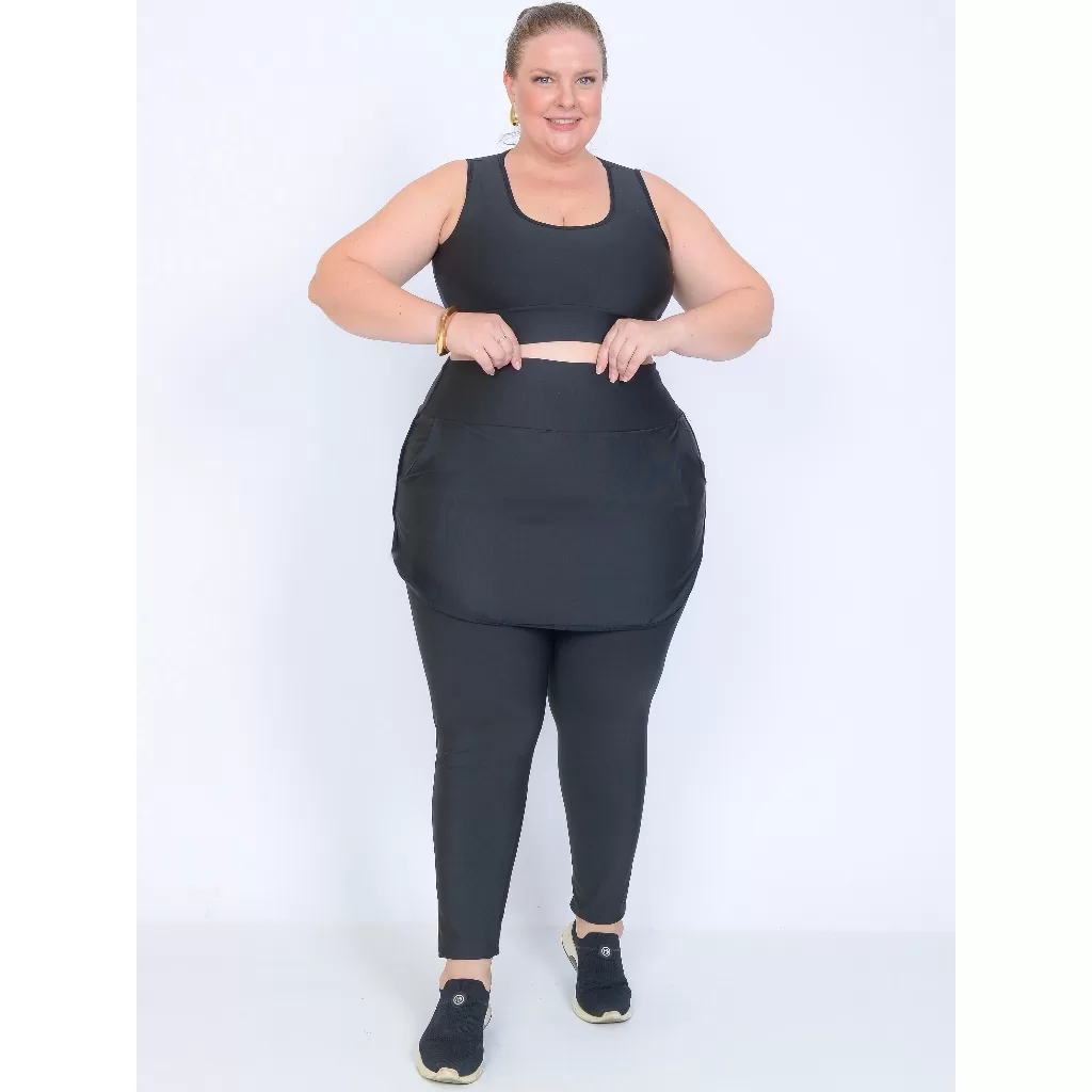 Conjunto Plus Size Calça Saia Com Bolso E Top Cropedd Moda Fitness Para Academia