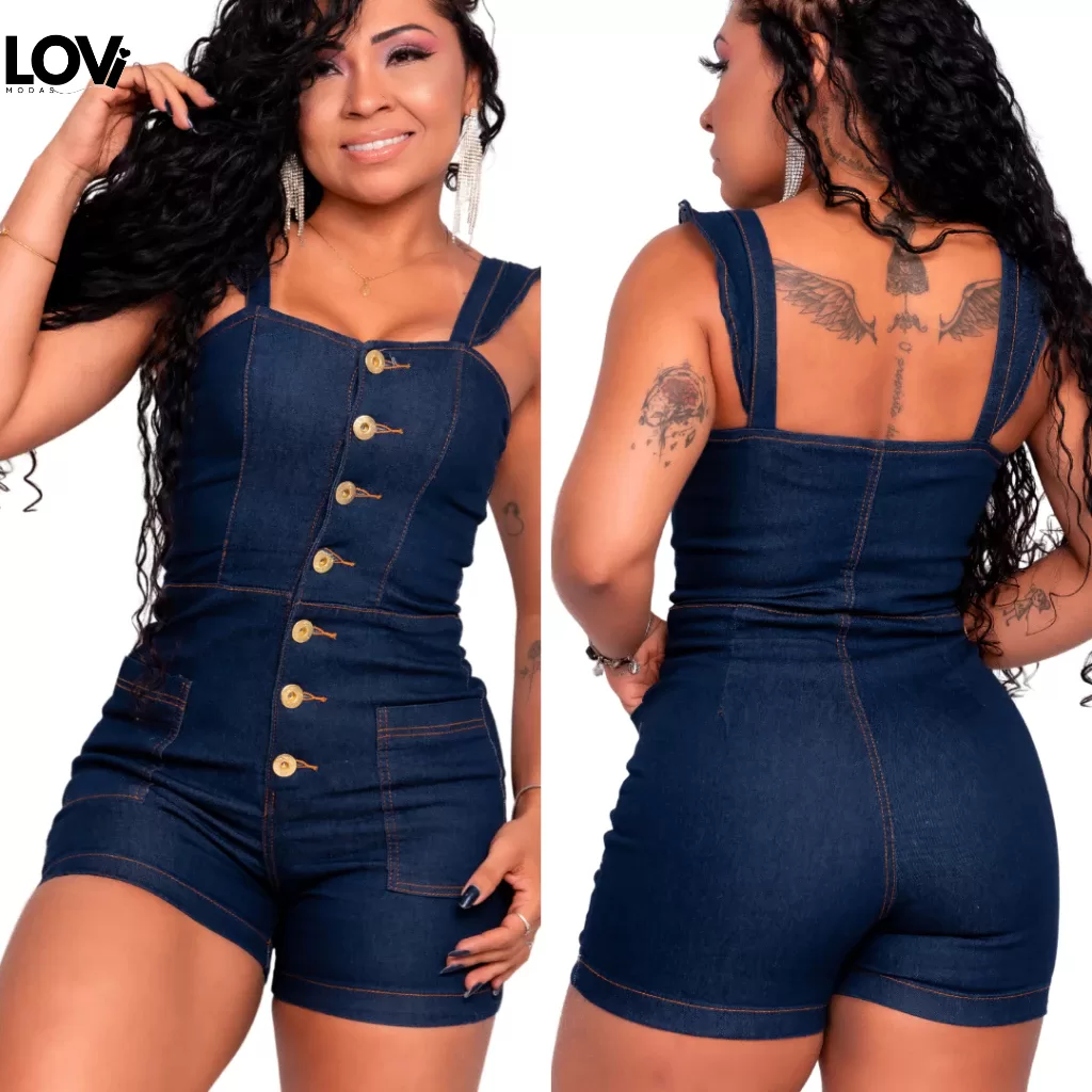 Macaquinho Jardineira Jeans De Botões Feminino Com Lycra