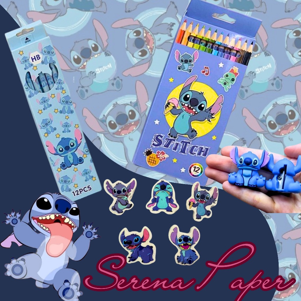 KIT LÁPIS HB + LÁPIS DE COR + BORRACHA + APONTADOR 3D STITCH / PAPELARIA FOFA KAWAII / ESCOLAR