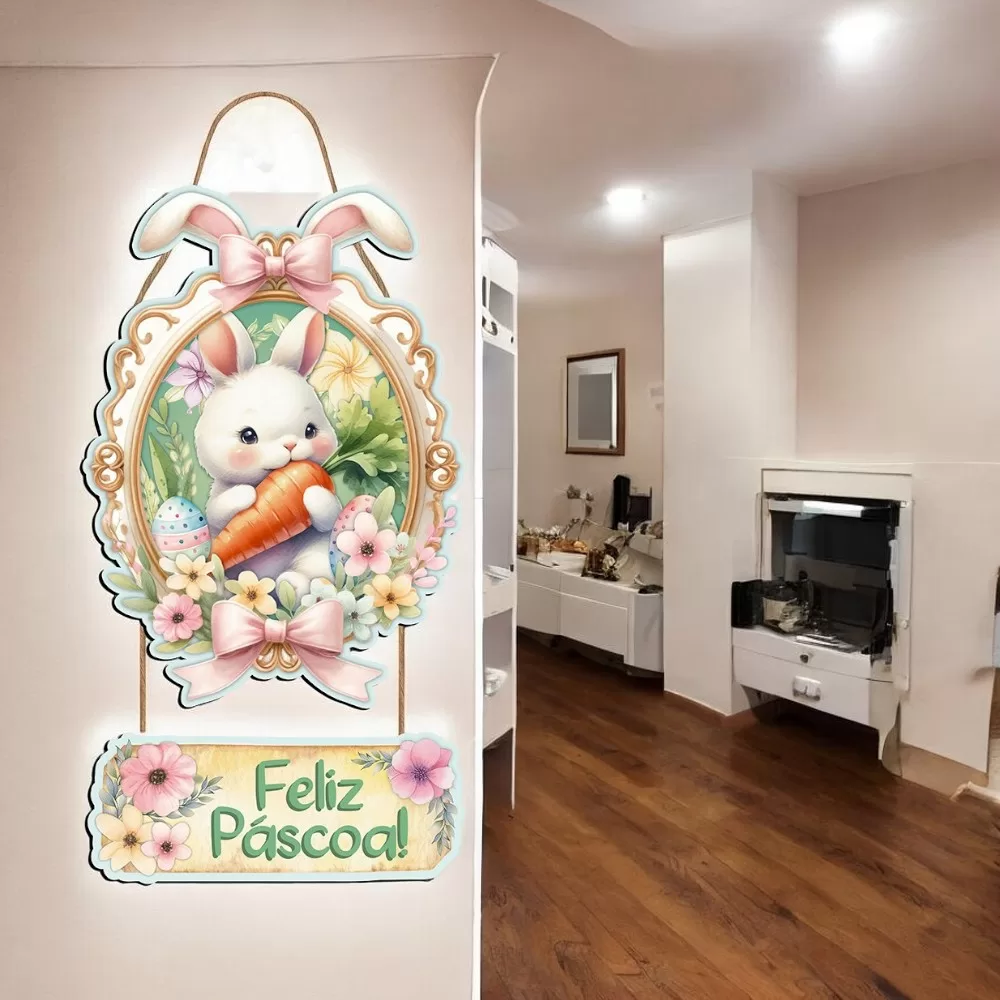 Placa Decorativa – Coelho com cenoura – 19,4x44cm