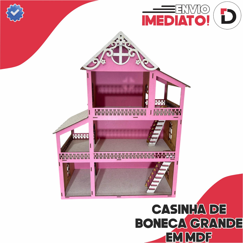 Casa de Boneca Pintada Rosa 60 cm em MDF Casinha Brinquedo