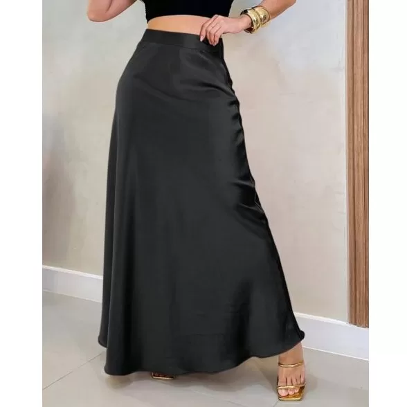 Saia Cetim midi longa seda com ziper cintura alta 