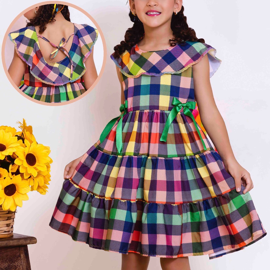 Vestido Barrado Manga Infantil Menina Estampado Casual Festa