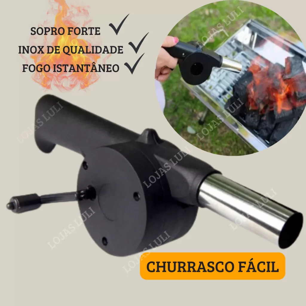 Soprador Acendedor De Churrasqueira Lareira Manual Para Acender Manivela Vento Forte INOX