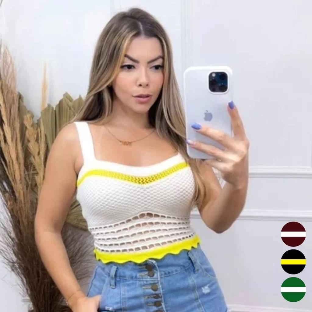 Cropped Tricô Modal Feminino Vazado Detalhe Estilo Básico Casual Dia a Dia