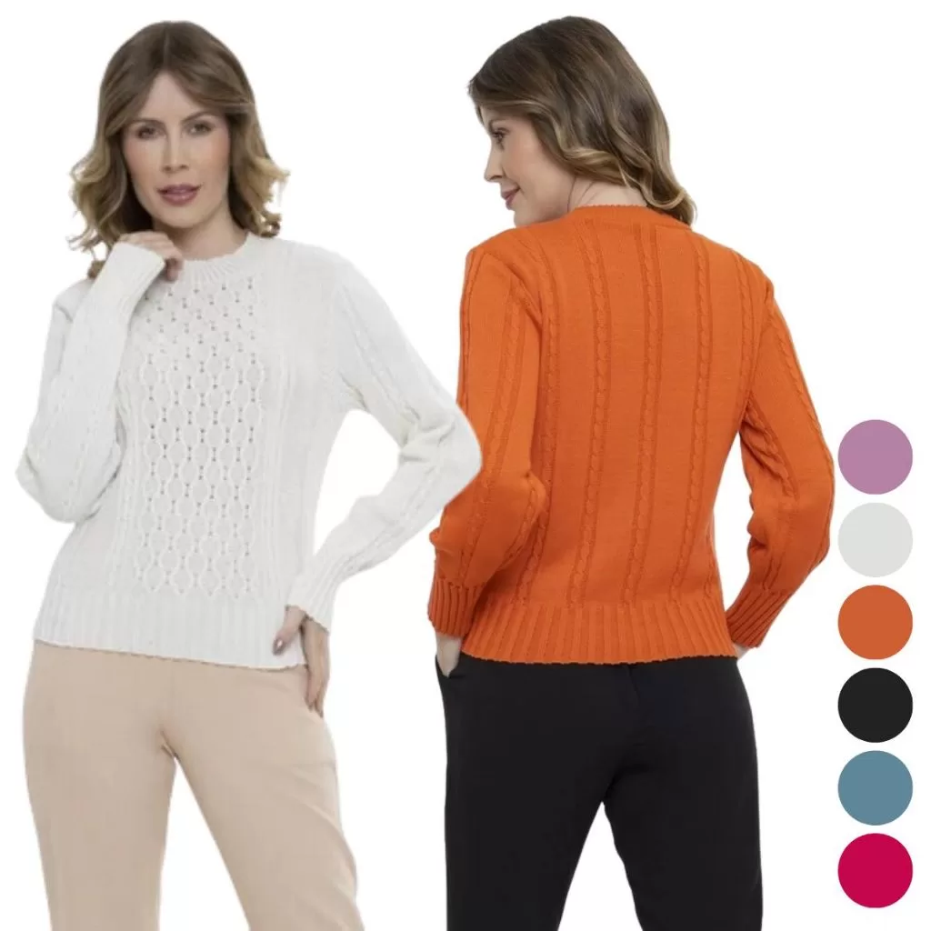 Blusa Feminina Tricot Trama Manga Longa Relevo Inverno Elegante Estilosa