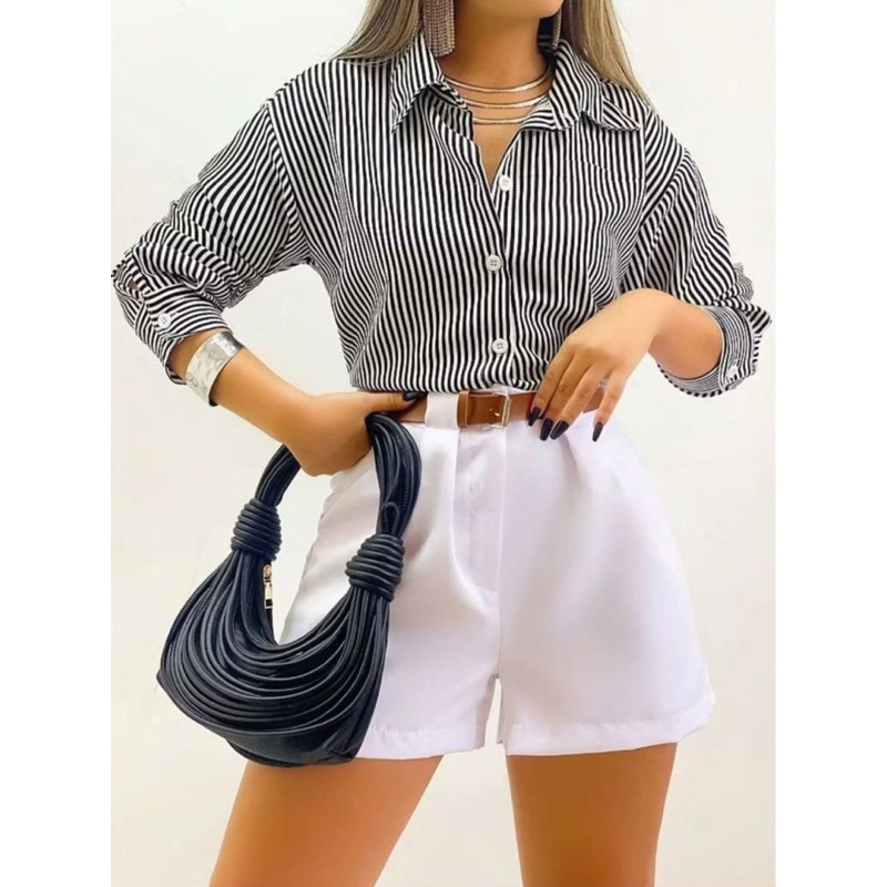 Camisa Social  Feminina Manga Longa De Crepinho Listrado e Lisa