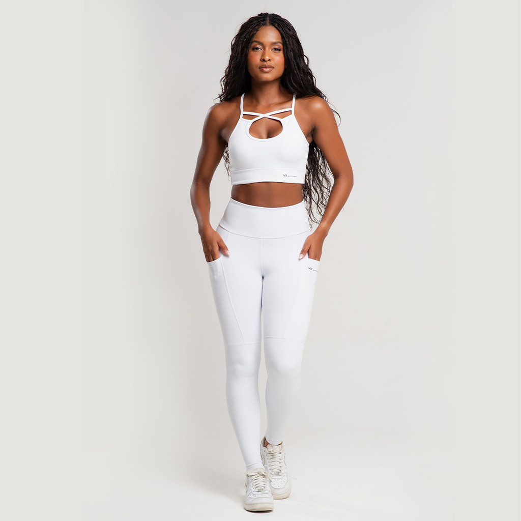 Conjunto Legging com Bolsos Top com bojos removíveis Branco Poliamida